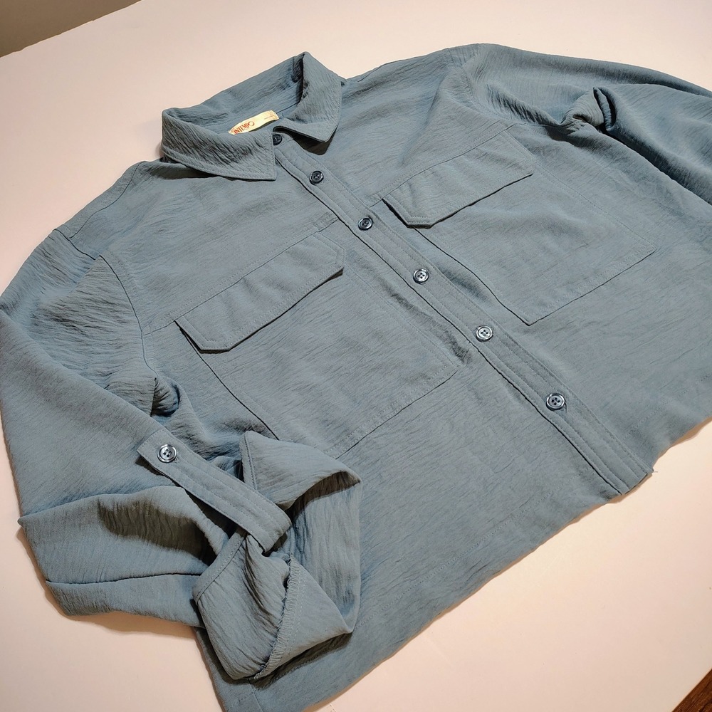 INTEMPO Women Blue Textured Roll Tab Sleeve Button Up Shirt Blouse‎ crop topTop